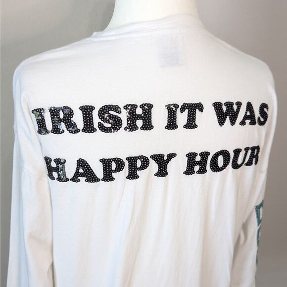 VS PINK White St. Patrick's Day Long Sleeve Crew Neck Sequin T-Shirt Size XS - Picture 7 of 11
